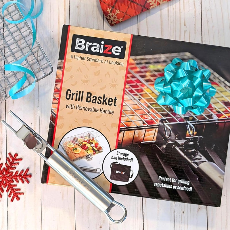 Braize Stainless Steel Large Grill Basket with Removable Handle – 12.25 x 9.5 x 1.5 Inch BBQ Vegetable Basket with Easy Open Lid, Silicone Basting Brush & Scrub Sponge – Outdoor Cooking & Camping Accessory - Image 3